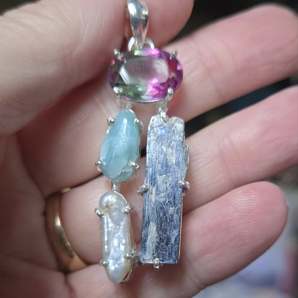 Watermelon tourmaline Larimar pearl & kyanite sterling pendant - Picture 3 of 7